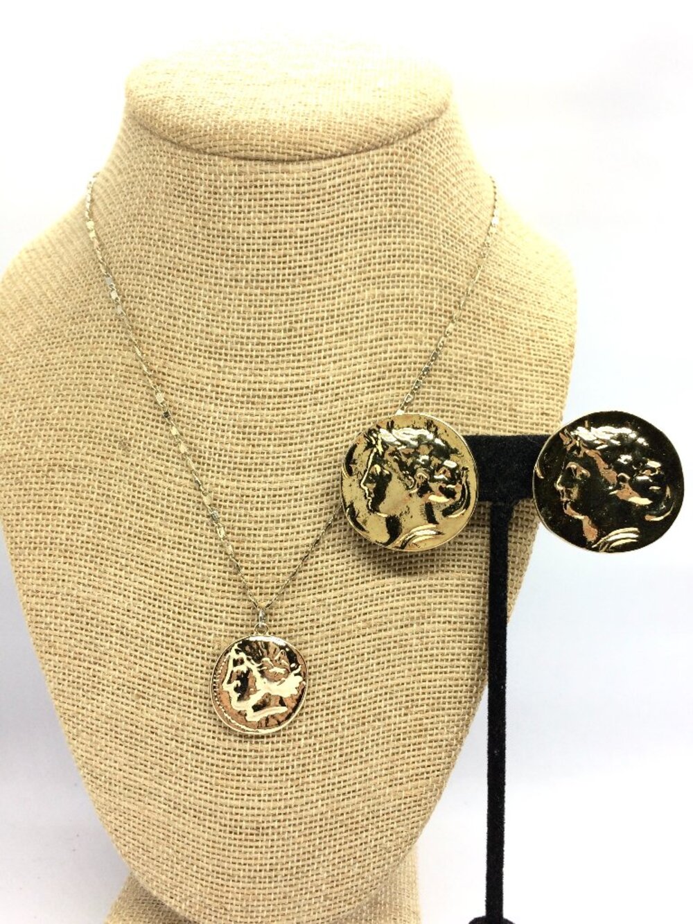 COIN NECKLACE SET Gold Tone Roman Style Pendant Clip On Earrings Retro Unsigned